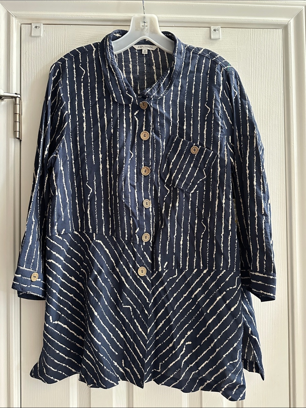 John Mark Navy White Striped Tunic NWT Women’s M Boho Chic Eclectic Casual Luxe